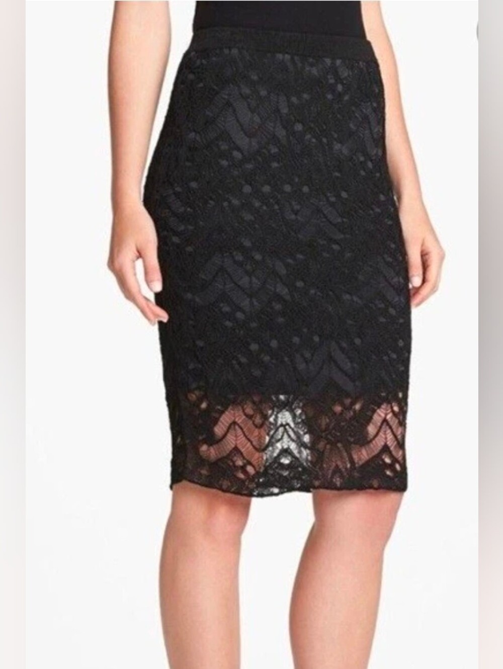 EILEEN FISHER Black Lace Knit Pencil Skirt Pull On Style Built In Lining LARGE